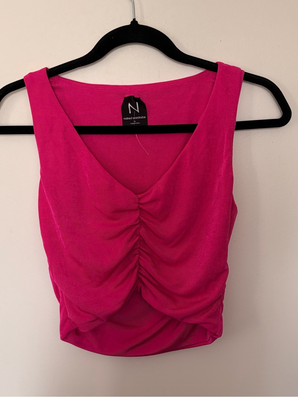 Naked Wardrobe Fuchsia Ruched V-Neck Tank Top - m